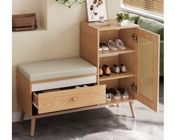 Luxe Schoenenbank met Zitting en Schoenenkast – Houtlook Entryway Opbergbank met Lade & Rotan Deur – Boho Scandinavisch Halbankje – 95.5 cm