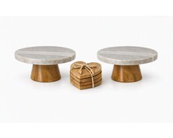 Luxe Serveerset – 2 Marmeren Serveer Plateaus Mango hout + 4 Houten Hart‑Onderzetters acacia – Premium Boho Scandi - 6 delig set- Taartplateaus/ Serveerschaal Perfect voor gebakjes, macarons, koffiemomenten, high tea, borrels, feestdagen, cadeau set