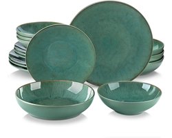 Luxe Serviesset – 16 delig – 4 persoons – Aardewerk - Bordenset – Dinner platen – Dessertborden - Kommen - Pastabord - Groen