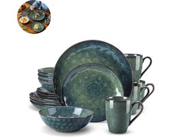 Luxe Serviesset – 16 delig – 4 persoons – Porselein - Bordenset – Dinner platen – Dessertborden - Kommen - Mokken - Schaaltjes - Groen