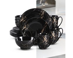 Luxe Serviesset – 16 delig – 4 persoons – Porselein - Bordenset – Dinner platen – Dessertborden - Kommen - Mokken - Schaaltjes - Zwart