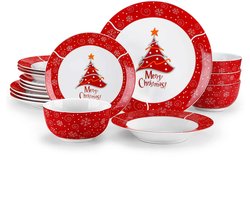 Luxe Serviesset – 16 delig – 4 persoons – Porselein - Bordenset – Dinner platen – Dessertborden - Kommen - Pastabord - Rood - Kerst