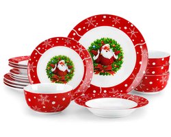 Luxe Serviesset – 16 delig – 4 persoons – Porselein - Bordenset – Dinner platen – Dessertborden - Kommen - Pastabord - Rood - Kerst
