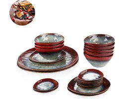 Luxe Serviesset – 22 delig – Porselein - Bordenset – Dinner platen – Dessertborden - Kommen - Schaaltjes - Rood