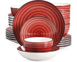 Luxe Serviesset – 24 delig – 6 persoons – Porselein - Bordenset – Dinner platen – Dessertborden - Kommen - - Rood