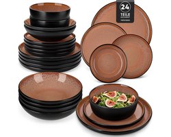 Luxe Serviesset – 24 delig – 6 persoons – Steengoed - Bordenset – Dinner platen – Dessertborden - Kommen - Pastabord - Bruin