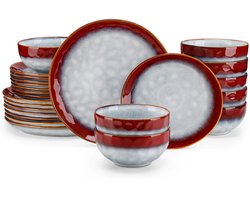 Luxe Serviesset – 24 delig – 8 persoons – keramische - Bordenset – Dinner platen – Dessertborden - Kommen - Wit + Rood