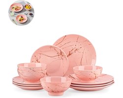 Luxe Serviesset- 24 delig – 8 persoons – Porselein - Bordenset – Dinner platen – Dessertborden - Kom - Roze