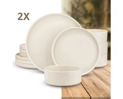 Luxe Serviesset – 24 delig – 8 persoons – Steengoed - Bordenset – Dinner platen – Dessertborden - Kommen - Crème Wit