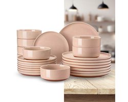 Luxe Serviesset – 24 delig – 8 persoons – Steengoed - Bordenset – Dinner platen – Dessertborden - Kommen - Roze