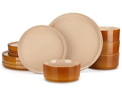 Luxe Serviesset – 24 delig – 8 persoons – Stenen - Bordenset – Dinner platen – Dessertborden - Kommen - Bruin