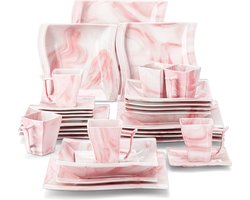 Luxe Serviesset – 30 delig – 6 persoons – Porselein - Bordenset – Dinner platen – Dessertborden - Kommen - Mokken - Schaaltjes - Roze