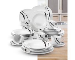 Luxe Serviesset – 30 delig – 6 persoons – Porselein - Bordenset – Dinner platen – Dessertborden - Kommen - Mokken - Schaaltjes - Wit/Zwart