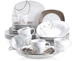 Luxe Serviesset – 30 delig – 6 persoons – Porselein - Bordenset – Dinner platen – Dessertborden - Kommen - Mokken - Schoteltjes - Wit + Bruin