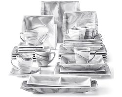 Luxe Serviesset – 32 delig – 6 persoons – Porselein - Bordenset – Dinner platen – Dessertborden - Diepbord - Kommen - Mokken - Rechthoekig bord - Serveerschaal- Marmergrijs