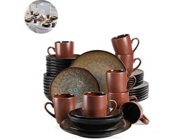 Luxe Serviesset – 32 delig – 8 persoons – Porselein - Bordenset – Dinner platen – Dessertborden - Kommen - Mokken - Schaaltjes - Bruin