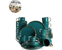 Luxe Serviesset – 32 delig – 8 persoons – Porselein - Bordenset – Dinner platen – Dessertborden - Kommen - Mokken - Schaaltjes - Donkergroen
