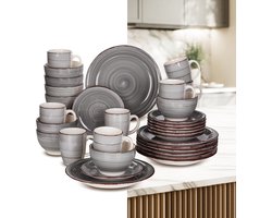 Luxe Serviesset – 32 delig – 8 persoons – Porselein - Bordenset – Dinner platen – Dessertborden - Kommen - Mokken - Schaaltjes - Grijs