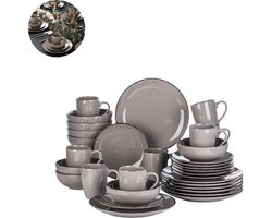 Luxe Serviesset – 32 delig – 8 persoons – Porselein - Bordenset – Dinner platen – Dessertborden - Kommen - Mokken - Schaaltjes - Grijs