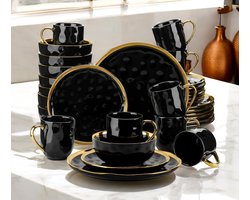 Luxe Serviesset – 32 delig – 8 persoons – Porselein - Bordenset – Dinner platen – Dessertborden - Kommen - Mokken - Schaaltjes - Zwart - Goud