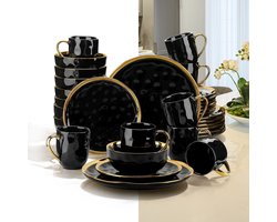 Luxe Serviesset – 32 delig – 8 persoons – Porselein - Bordenset – Dinner platen – Dessertborden - Kommen - Mokken - Schaaltjes - Zwart - Goud