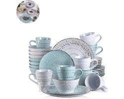 Luxe Serviesset- 32 delig – 8 persoons – Porselein - Bordenset – Dinner platen – Dessertborden - Kommen - Mokken - Wit & Blauw