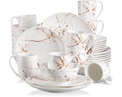 Luxe Serviesset – 32 delig – 8 persoons – Porselein - Bordenset – Dinner platen – Dessertborden - Kommen - Mokken - Wit + Goud