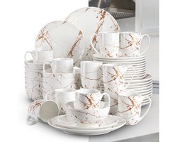 Luxe Serviesset – 48 delig – 12 persoons – Porselein - Bordenset – Dinner platen – Dessertborden - Kommen - Mokken - Wit + Goud