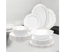 Luxe serviesset - Voor 6 personen - 26-delig - Porseleinen set - Wit met goud DESIGN - rond