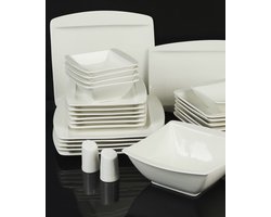 Luxe serviesset - Voor 6 personen - 28-delig - Porseleinen set - Wit - Vierkant