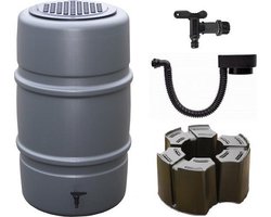 Luxe set antraciet: Regenton 227L + luxe vulautomaat + voet + kraan en kindveilig deksel