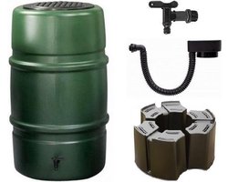 Luxe set groen: Regenton 227L + luxe vulautomaat + voet + kraan en kindveilig deksel