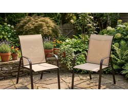 Luxe Set van 2 Ergonomische Tuinstoelen - Weerbestendige Textilene Terrasstoelen met Metalen Frame - Belastbaar tot 200 kg - 56 x 72 x 90 cm - Beige