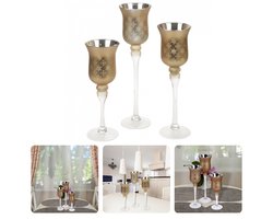 Luxe Set van 3 Kandelaren Set - Kandelaar Set - Kandelaars - Kaarshouders - Kaarsenstandaard - 38/32,5/28cm Hoog - 11/10,5/10,5cm Diameter - Mat & Verzilverd - Bijzonder Fraai - Brons - Inclusief EBOOK