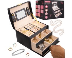 Luxe Sieradendoos - 3 Verdiepingen - Met Spiegel - Inclusief Slotje - Juwelendoos voor Volwassenen - Vrouw - Kind - Meisje - Sieradenbox XL - Juwelen Opbergen - Zwart - Peach Beauty