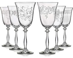 Luxe sierlijke witte wijnglazen ROYAL ANGELA met DECOR - unieke pantograph gravure - BOHEMIA KRISTAL ROMANCE 250 ml - geschenk verpakking van 6 glazen