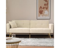 Luxe Slaapbank 2-Zits – Verstelbare Bank met Bedfunctie – Beige Bankbed met Opbergtassen – Moderne Slaapbank met Gouden Poten en Kussens Depauwwonen