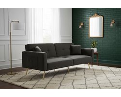 Luxe Slaapbank met Bedfunctie – Verstelbare Hoekbank met Gouden Poten, Opbergzakken & Kussens – 2-Zits Bankbed van Lamswol Stof – Donkergrijs – Compacte Slaapbank voor Woonkamer, Logeerkamer & Kleine Ruimtes-Ganeey