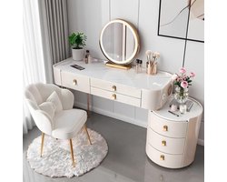 Luxe Smart Schminktisch mit LED Spiegel & Bluetooth – Kosmetiktisch mit Glasplatte, Hocker, Schubladen & Kabelloser Ladestation – 100 cm Schminktisch Weiß & Gold – Moderner Frisiertisch für Schlafzimmer HomeByNicole