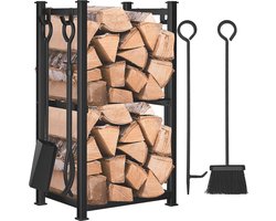 Luxe Smeedijzeren Haardhoutrek Met 4-Delige Gereedschapsset – Zwart – 72x40x30 cm – Binnen & Buiten – Inclusief Planken, Tang, Bezem & Schep
