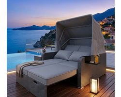 Luxe Solar Lounge Zonne-eiland Tuinset met Luifel en Kussens, Poly Rattan Loungeset 196x130x152CM voor Tuin, Terras en Balkon