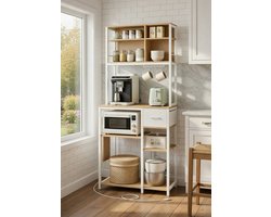 Luxe Staand Keukenrek met Stopcontacten, Verstelbare Planken, Stoffen Lade & 12 Haken – Keukeneiland Organiser Goudeiken & Wolkenwit – 40 x 80 x 180,4 cm – Multifunctioneel Opbergrek voor Keuken, K...