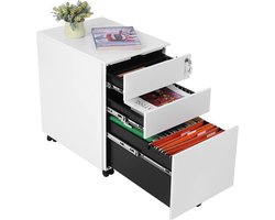 Luxe Stalen Ladeblok Op Wielen - Met Slot - Verrijdbare Ladekast Archiefkast Kantoor Kast - Office Rolcontainer Voor Onder Bureau - Mobiele Hangmap Bureau Kast - Afsluitbaar - 3 Laden - Wit