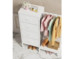Luxe Stoffen Ladekast met Kledingstang 111 cm Hoog - Witte Commode met 4 lades - Kleine Opbergkast voor Slaapkamer, Woonkamer, Hal & Dressing - Modern Dressoir - Casa Serena