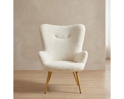 Luxe Teddy Bouclé Fauteuil met Hocker – Comfortabele Relaxstoel met Armleuningen en Inklapbare Rugleuning – Moderne Wing Chair / Oorfauteuil voor Woonkamer & Slaapkamer – Ivoor Wit – Ganeey