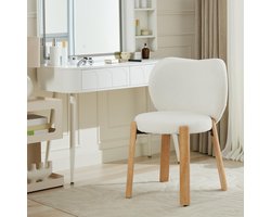 Luxe Teddy Eetkamerstoel / Kaptafel Stoel - Bouclé Bijzetstoel met Hartvormige Rugleuning & Massief Houten Poten - Zonder Armleuning - Wit