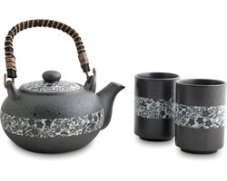 Luxe Theeset - Theeservies Porselein - Verse Thee Zetten - Dubbelwandige Theepot - 05 Liter - Zwart Bloemenpatroon