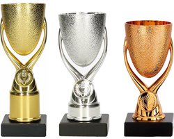 Luxe trofee/prijs bekers - set van 3x - brons/goud/zilver - kunststof - 15 x 6,8 cm