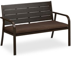 Luxe Tuinbank met Bruin Kussen – 2-Persoons Buitenbank in Houtlook – Weerbestendig Kunststof & Stalen Frame – 118 cm Breed – Voor Tuin, Balkon en Terras