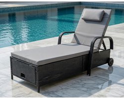 Luxe Tuinligstoel met Opbergruimte – Verstelbare Rotan Ligstoel met Kussen, Zonnebed, Tuinmeubilair voor Balkon, Terras en Zwembad – 200 x 75 x 30-92 cm (Zwart/Grijs) MedahoMeStore